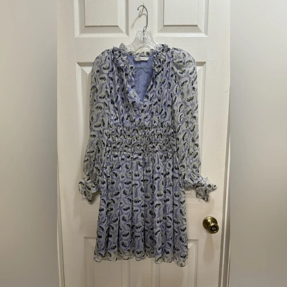 Rebecca Taylor Deco Floral Print Long Sheer Sleeve Silk Dress Purple Size 4 Read
